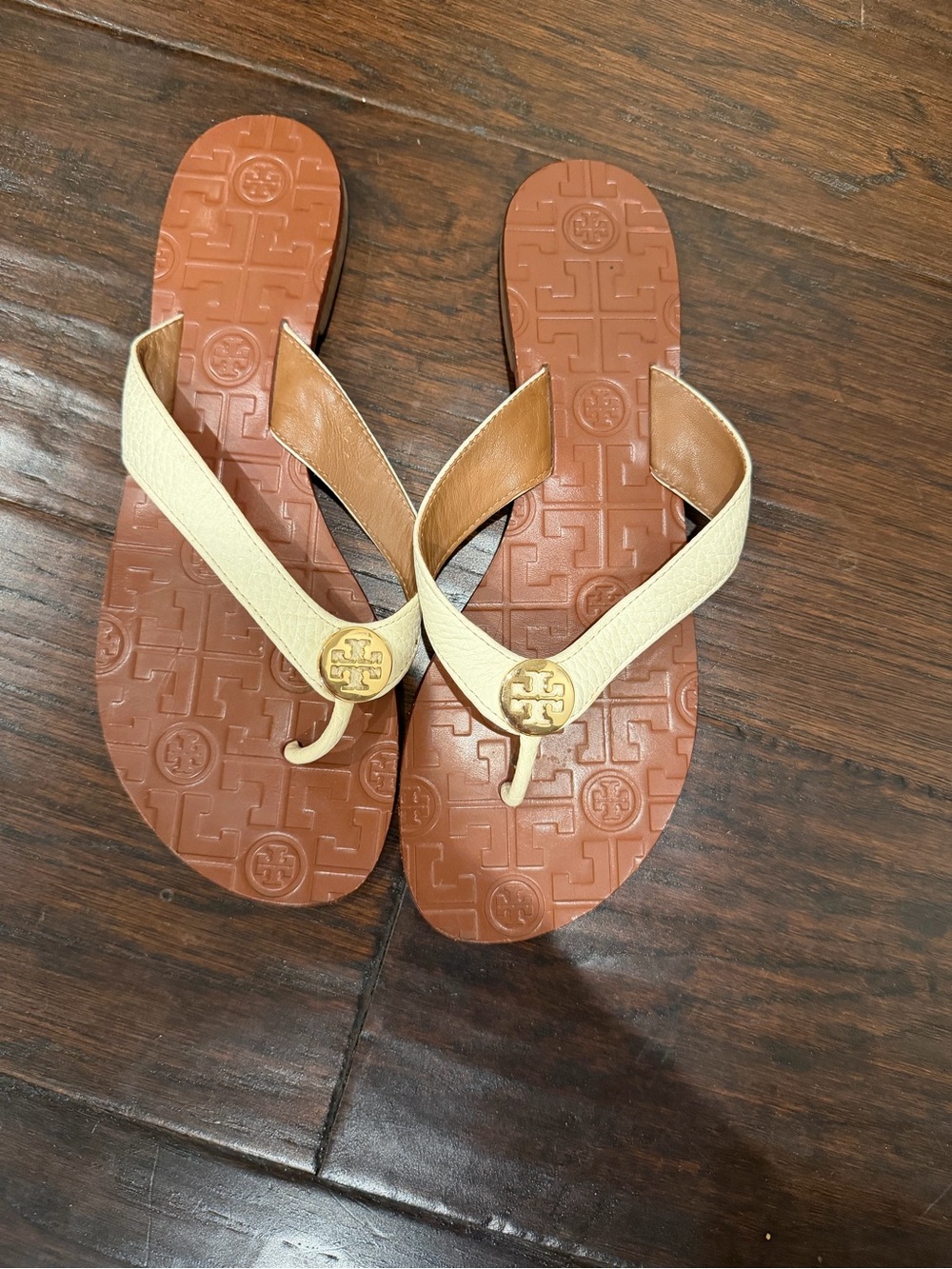 Tory Burch Cream Leather Logo Thong Sandals with Brown Footbed